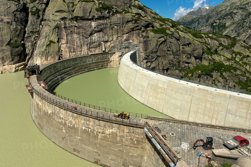 Replacement of Spitallamm dam, old dam on the left, new Spitallamm dam on the right, Grimsel reservoir, Guttannen, Bernese Oberland, Canton, Bern, Switzerland