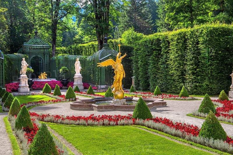 Baroque garden parterre on the west side of Linderhof Palace, Ettal, Ammertal, Upper Bavaria, Bavaria, Germany, UNESCO World Heritage Site
