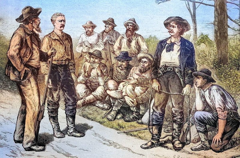 Lynch Court in Texas, USA, coloured wood engraving, reproduction from an original from ca 1888, historical, group of men on a break, in conversation on a rural road