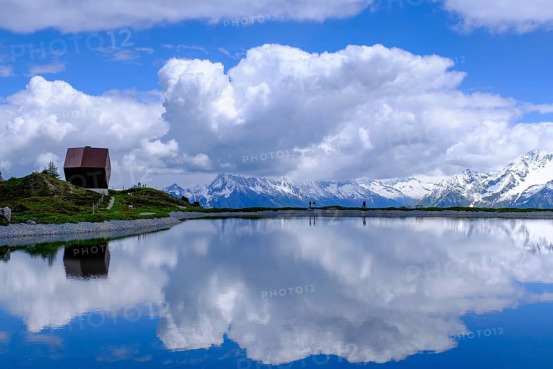 Garnet Chapel, Mario Botta, with snow pond Finkenberg, Penken, Mayrhofen, Zillertal, Tyrol, Austria