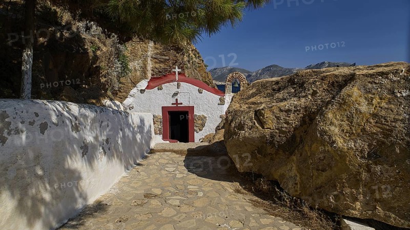 Legend, crab, shell fisherman, chapel with red roof and sea view on a rocky coast, in natural and peaceful surroundings, chapel, small church, Agia Kavouradena Monastery, Xirokambos, Leros, Dodecanese, Greek Islands, Greece