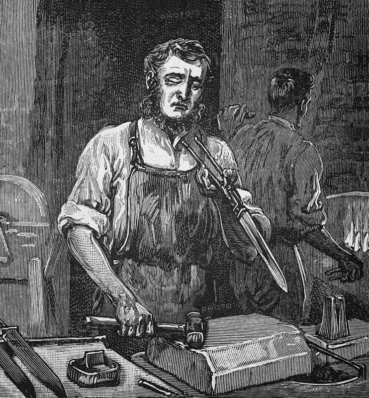 A cutler forging knives, Sheffield, Yorkshire, around 1870, England, digital reproduction of a historical model