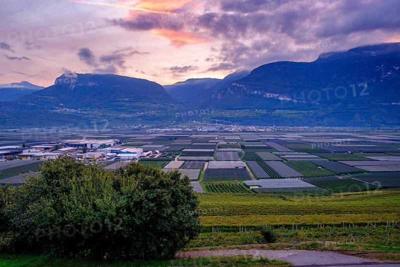 Sunrise over the Adige Valley, near Tramin an der Weinstraße, Unteretsch, South Tyrol, Italy