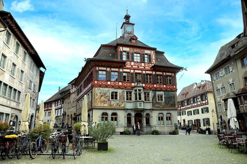Town Hall Square, Rathausplatz and Town Hall, Stein am Rhein, Canton of Schaffhausen, Switzerland