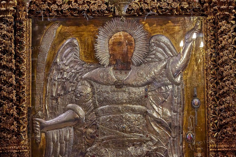 Archangel Michael, detailed icon of an angel with a sword, decorated with golden elements and a halo, Holy Week, Bay of Panormitis, Panormitis Monastery, Symi, Dodecanese, Greek Islands, Greece