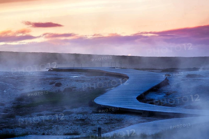 Curved wooden path, sulphur vapour, Hveravellir geothermal area, evening sky, Icelandic highlands, Suðurland, Sudurland, Iceland
