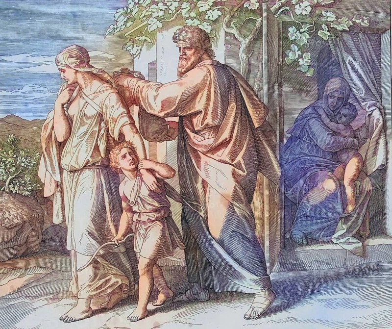 Biblical story, Hagar, an Egyptian slave who is given to Abraham as a woman and becomes the mother of Ishmael and Ishmael are cast out, digitally enhanced reproduction of a wood engraving by Julius Schnorr von Carolsfeld, historical, around 1860, exact date unknown