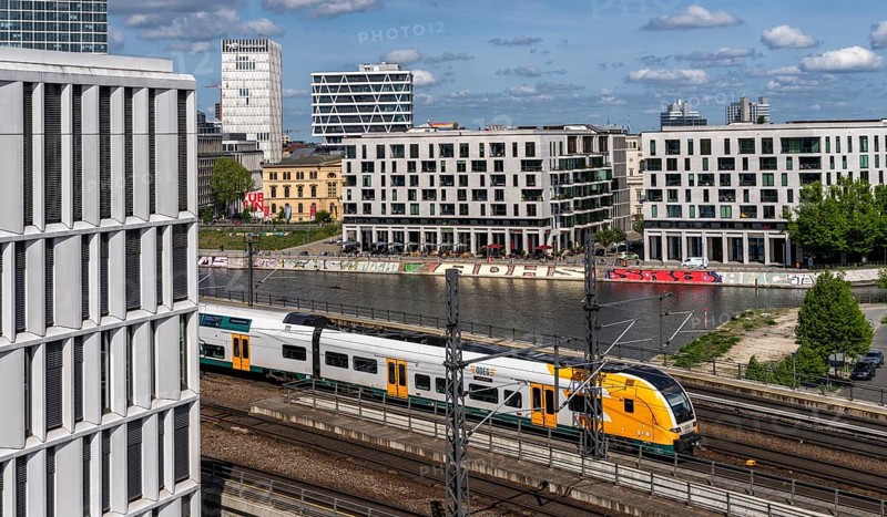 View from the roof of the Futurium Museum onto the Humboldt harbour at Berlin Central Station, Germany