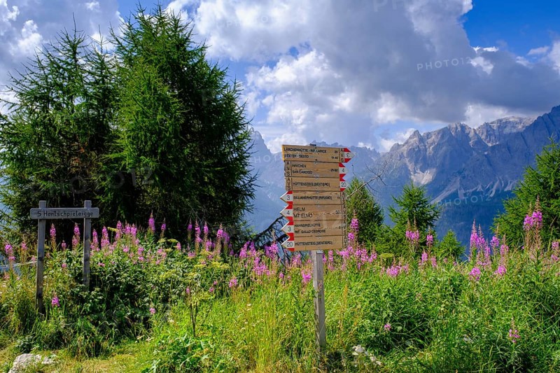 Signpost on the Helm, Sesto, Dolomites, Val Pusteria, South Tyrol, Italy
