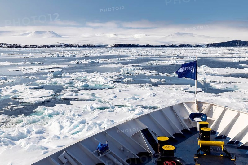 Bow of expedition ship in sea ice, Ice Edge, Spitsbergen, Svalbard