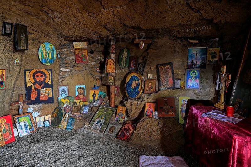 Cave with religious icons and altar table, spiritual atmosphere, chapel, Agios Nikolaos, rock chapel, Oasis Beach, East Coast Rhodes, Rhodes, Dodecanese, Greek Islands, Greece
