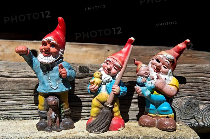 Family of garden gnomes, father, mother, children, Valais, Switzerland