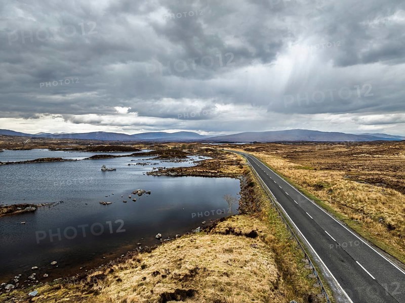Rannoch Moor from a drone over Loch Ba and Loch of the Armpit, A82 Highland Way, Argyll and Bute, West Highlands, Scotland, United Kingdom