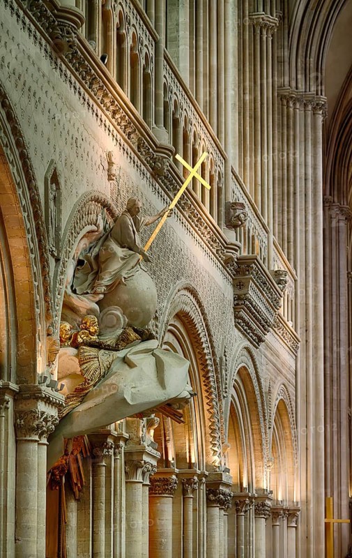 Interior view, angel on pulpit, holding a shining golden sword, Cathédrale Notre-Dame de Bayeux, Bayeux, Calvados, France