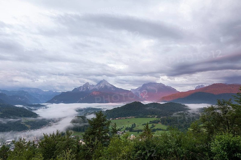 Marxenhöhe near Berchtesgaden with Watzmann view in the morning mist after the rain