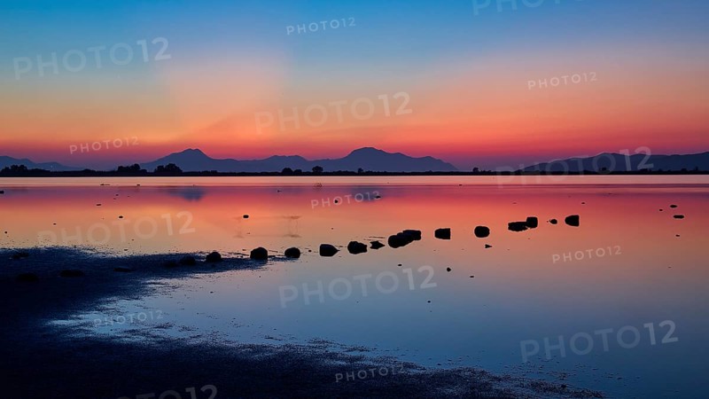 Varied colours during sunset over a calm lake, salt lake, Tigaki, nature reserve, hydro biotope, Kos, Dodecanese, Greek Islands, Greece