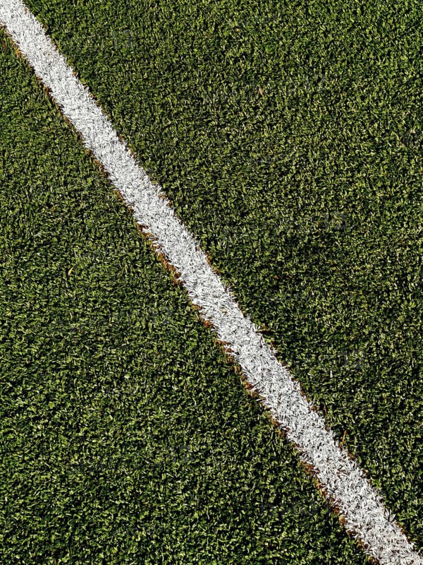 Lush green artificial turf features a freshly painted white line, clearly marking the boundary in preparation for an exciting upcoming sporting event, showcasing vivid colors