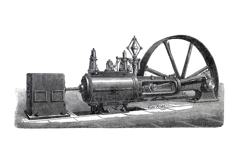 Steam engine, Sulzer machine, Historical, digitally enhanced reproduction of a 19th century original, illustration of an old steam engine with large mechanical parts in black and white