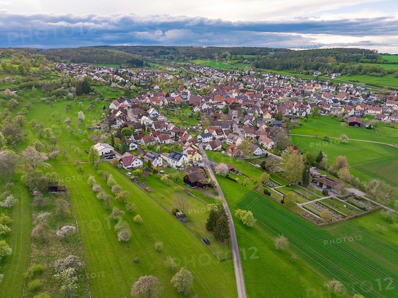 Picturesque view of a traditional village, embedded in extensive nature and gardens, Ostelsheim, district of Calw, Germany