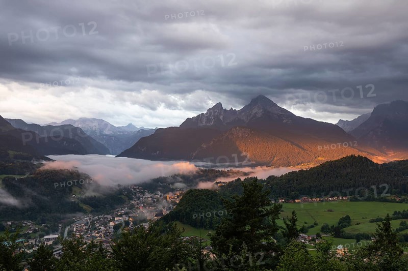 Marxenhöhe near Berchtesgaden with Watzmann view in the morning mist after the rain