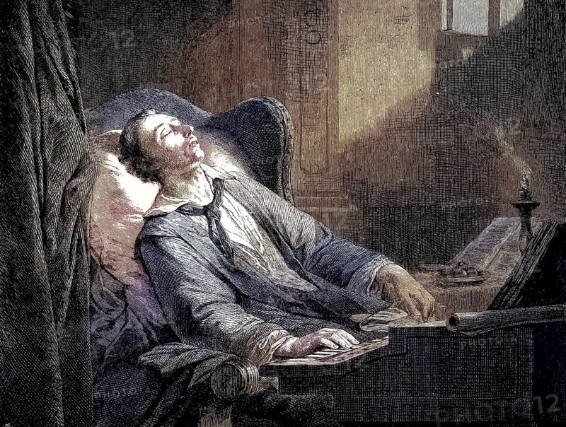 Carl Maria Friedrich Ernst von Weber, 1786-1826, German composer, conductor and pianist, shortly in front of his death, coloured woodcut from 1864, A man in an armchair writes intently by candlelight late at night