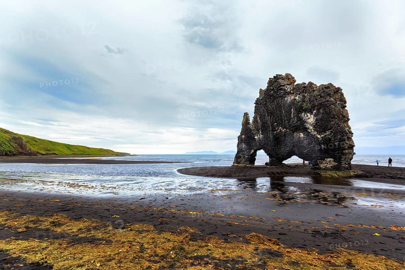 Tourists at the basalt rock Hvitserkur, famous Elephant Rock on the lava beach, coastline, Vatnsnes peninsula, Hunafjördur, North Iceland, Iceland