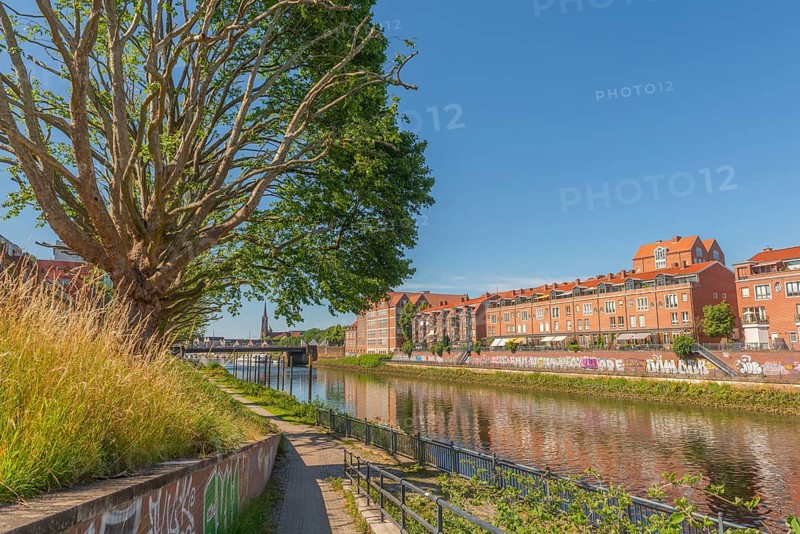View from Alte Neustadt across the Weser to the Teerhof peninsula, brick architecture, hiking trail, row of trees, water reflection, cultural church St. Staphani, blue sky, Hanseatic City of Bremen, Germany