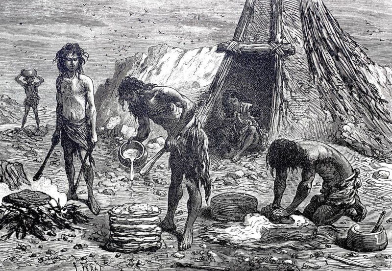 Bakery, bread baking in prehistoric times, digitally enhanced reproduction of a 19th century model, historical, exact date unknown