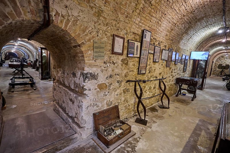Historic cellar room with stone walls, exhibits and antique documents, war museum, military museum, tunnel museum, Lakki, Leros, WW2, Dodecanese, Greek Islands, Greece