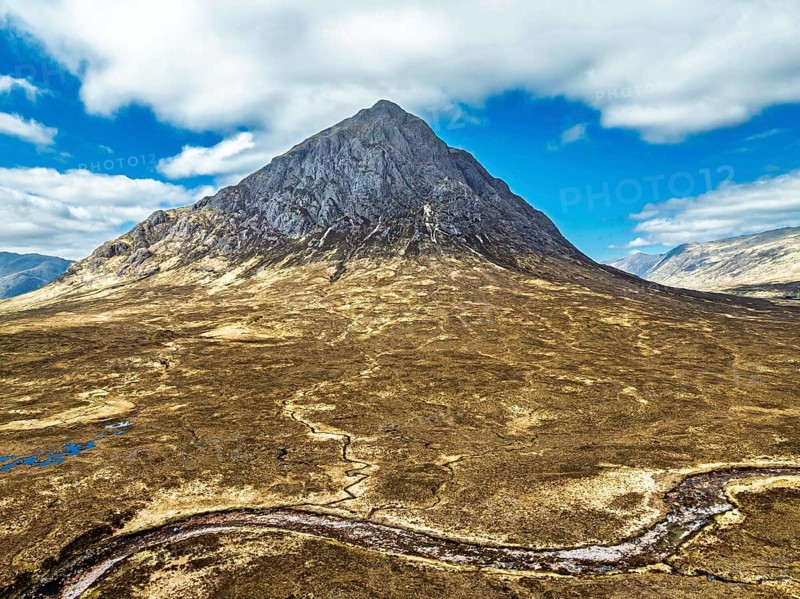 The Buachaille Mountain and Moors over Glen Etive Valley from a drone, Buachaille Etive Mòr, The Buachaille, Highlands, Scotland, United Kingdom
