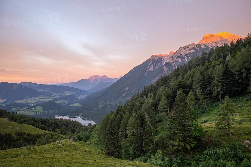 Magical sunset at the Halsalm above Hintersee with views of Hoher Göll and Hochkalter