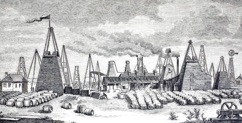 Petroleum wells in Oelheim, Ölheim, oil production, drilling rigs and oil barrels, around 1882, district of Peine, Lower Saxony, Germany, Historical, digitally enhanced reproduction of a 19th century original