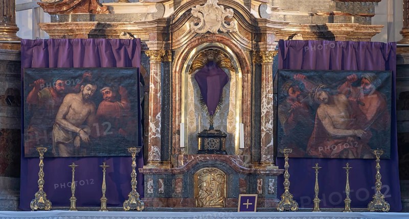 Lenten cloths of two stations of Christ at the main altar during Lent, Wilten Basilica, Rococo 1751 to 1756, Pastorstr. 2, Innsbruck, Austria