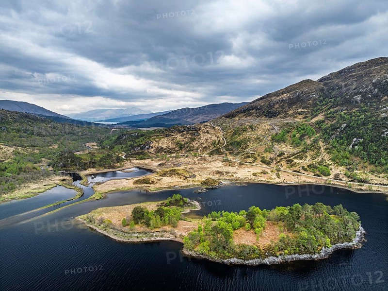 Loch Shiel from a drone, Glenfinnan, River Finnan, West Highland, Scotland, United Kingdom
