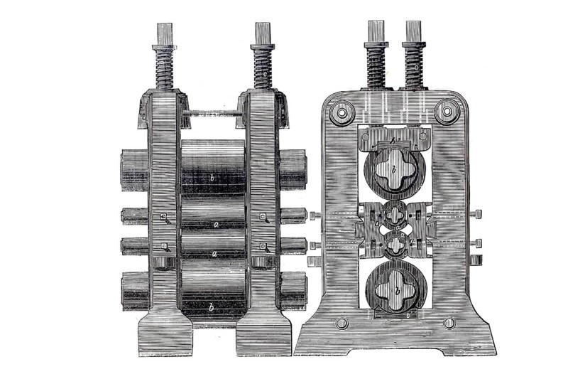 Sheet metal rolling machine, levelling machine, after patent by J, F, Newton, historical, digitally improved reproduction of a model from around 1860