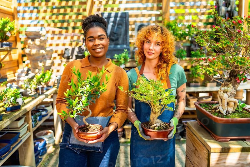Two female gardeners holding and caring for bonsai trees while working together in a vibrant plant nursery or garden center
