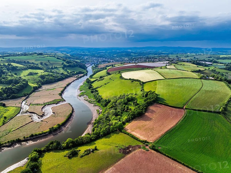 Farms and Fields over River Dart from a drone, Stoke Gabriel, Totnes, Devon, England, United Kingdom