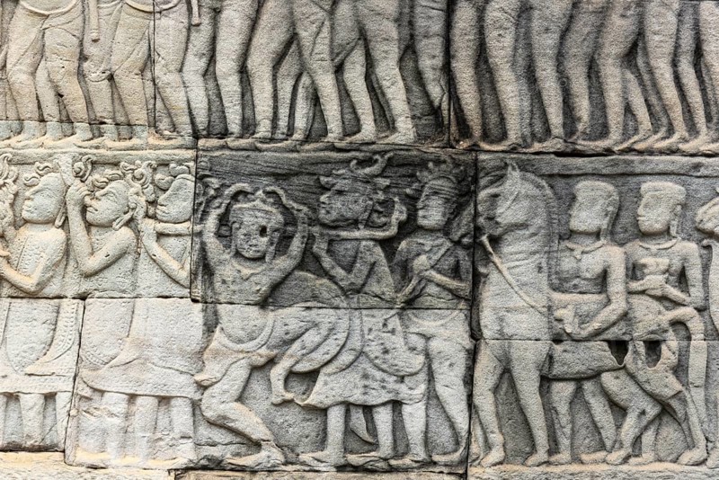 Stone bas-reliefs, Khmer war campaign against the Cham, relief wall, east façade, Bayon temple, Angkor Thom, Siem Reap province, Cambodia