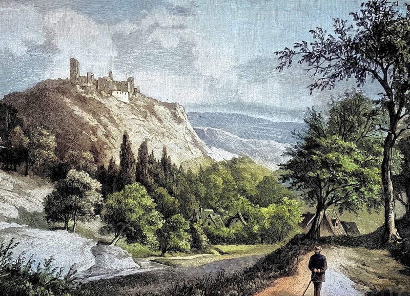 Nassau Castle rises near the town of Nassau on a rocky cone 120 metres above the Lahnthal, Germany, Illustration, published 1890, Reproduction, digitally enhanced, Historical