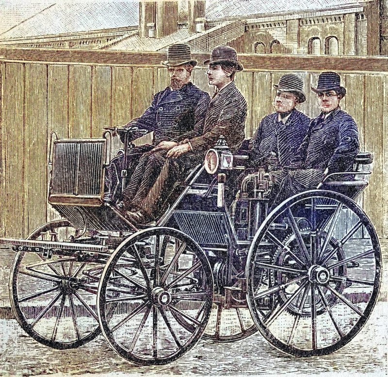 Street car with Daimler engine, coloured wood engraving, reproduction of a model from ca 1888, Historical, Four men in cylinders drive an early automobile through the city