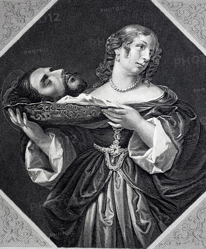 Herodias (8 BC to after 39 AD), daughter of the Jewish prince Aristobulus and his woman Berenice. She is said to have been primarily responsible for the beheading of John the Baptist, whose head she is presenting here. Steel engraving after a painting by Carlo Dolci, historical, digitally restored reproduction of a 19th century original