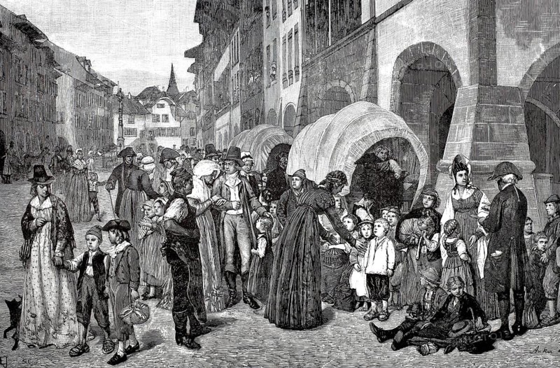 French emigrants are taken in by the citizens of Bern, Switzerland in 1703, Historical, digitally restored reproduction from a 19th century original, Record date not stated