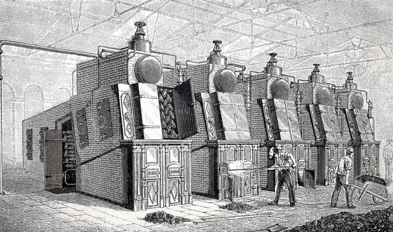 Steam boiler installation, an installation of Naeyer boilers made in Antwerp for the water engine service of the new quays, around 1880, digitally enhanced reproduction of a 19th century model, historical, exact date unknown