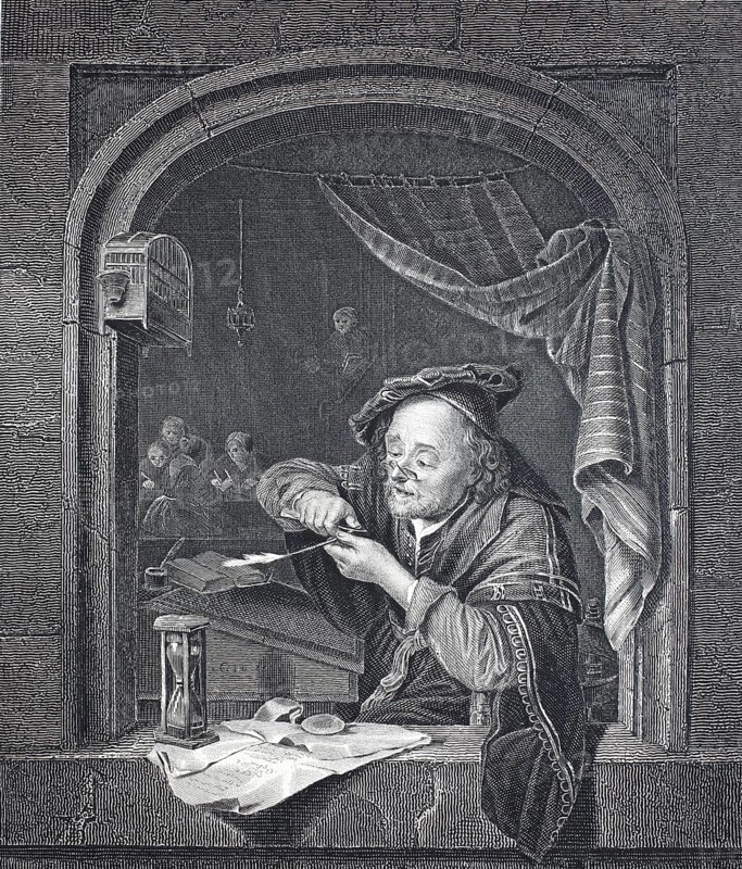 The scribe, scribe, literate scholar sharpening a pen, steel engraving after a painting by Gerard Dow, historical, digitally restored reproduction of a 19th century original