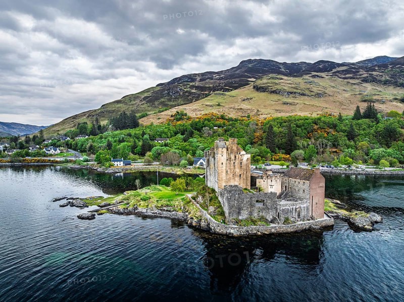 Eilean Donan Castle and Loch Duich from a drone, Isle of Skye, Highlands, Scotland, England, United Kingdom