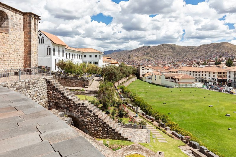 Courtyard, garden, monastery of Santo Domingo and church built on the Golden Temple of Coricancha Inca ruins, Cusco, Peru