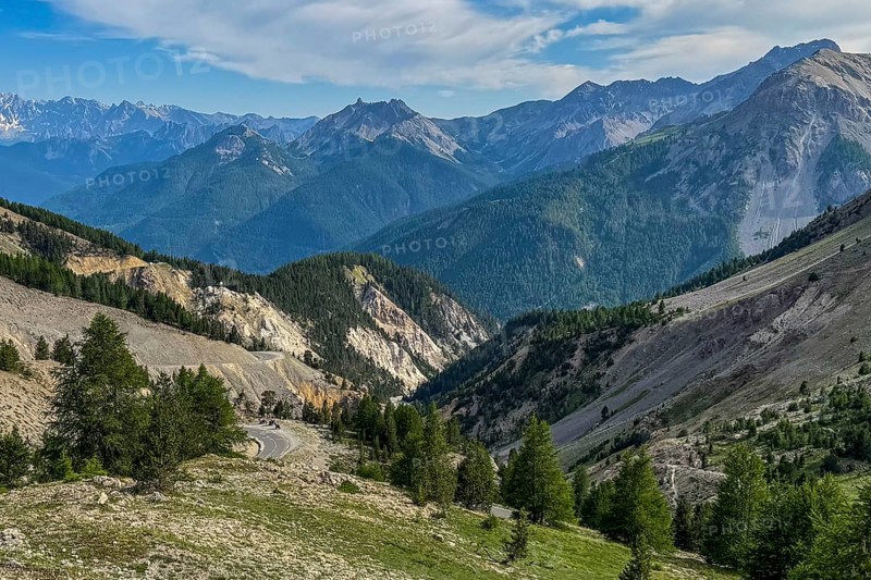 View of the southern ascent to the southern ramp of the Col de l'Izoard d'Izoard Alpine pass 2360 metres high road pass mountain road pass road, Cervières, Department Hautes-Alpes, Provence-Alpes-Cote d'Azur, France