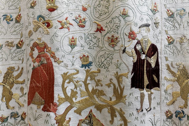 Wedding cloth from the 16th century, embroidered bridal couple and ornaments, St Mary's Church, Rostock, Mecklenburg-Vorpommern, Germany
