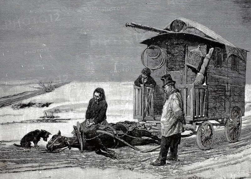 The last steps of the horse that collapsed in front of the carriage and dies, 1880, France, Historical, Digitally restored reproduction from a 19th century original, Record date not stated