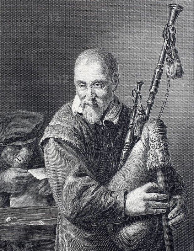 Bagpipe player, bagpiper, steel engraving after a painting by David Teniers, historical, digitally restored reproduction of a 19th century original